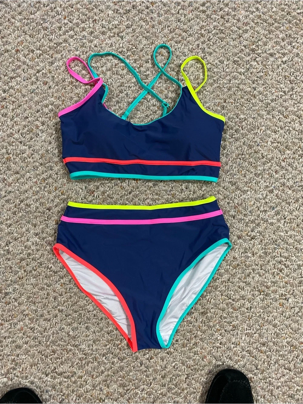 Women’s Navy High-Waist Bikini with Neon Trim